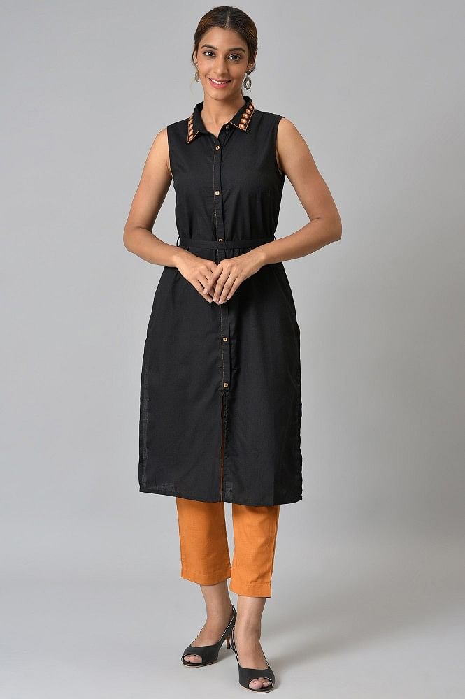 Buy Black Sleeveless Printed Satin Asymmetric Kurti Online in India |  Colorauction